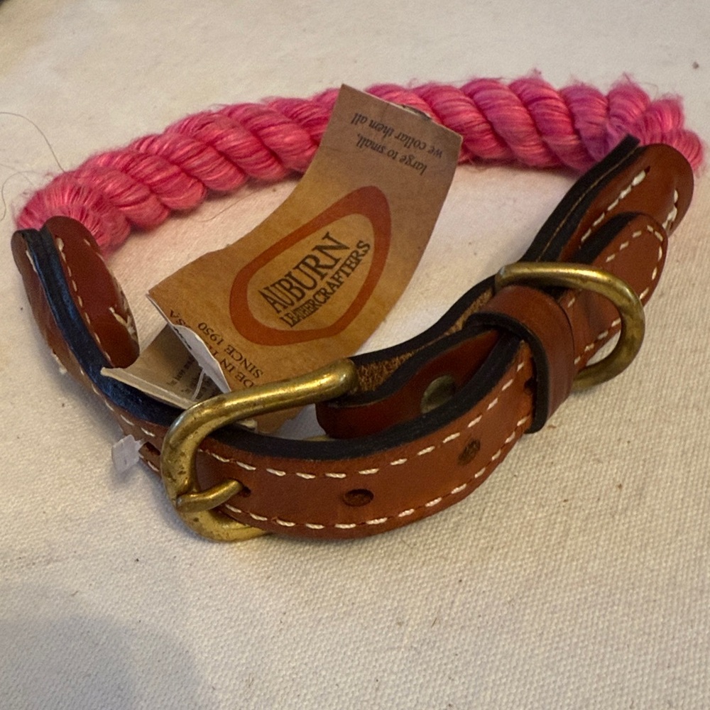 Auburn brown leather and pink rope dog collar.